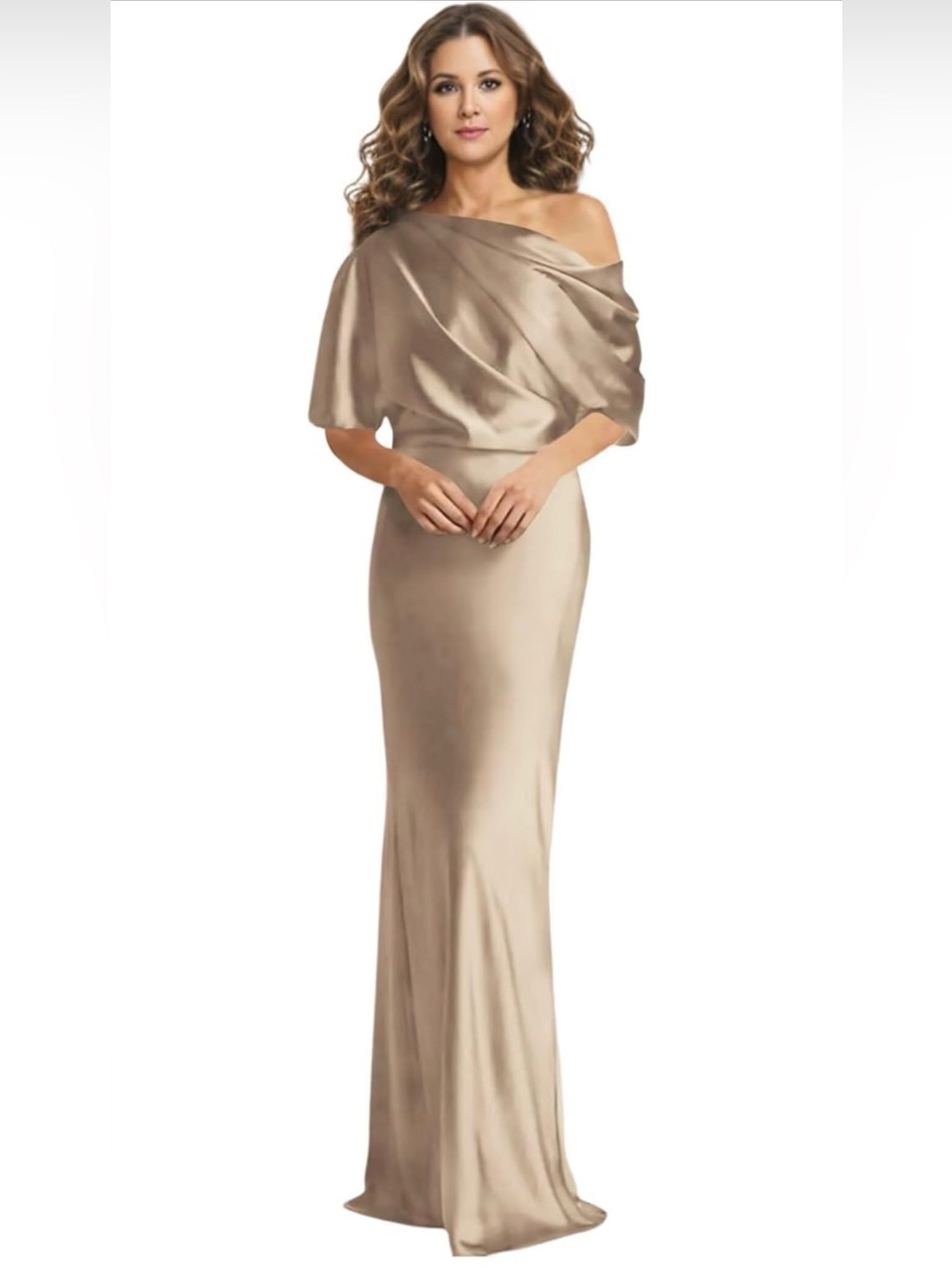 One-Shoulder Satin Column Gown in Champagne Taupe